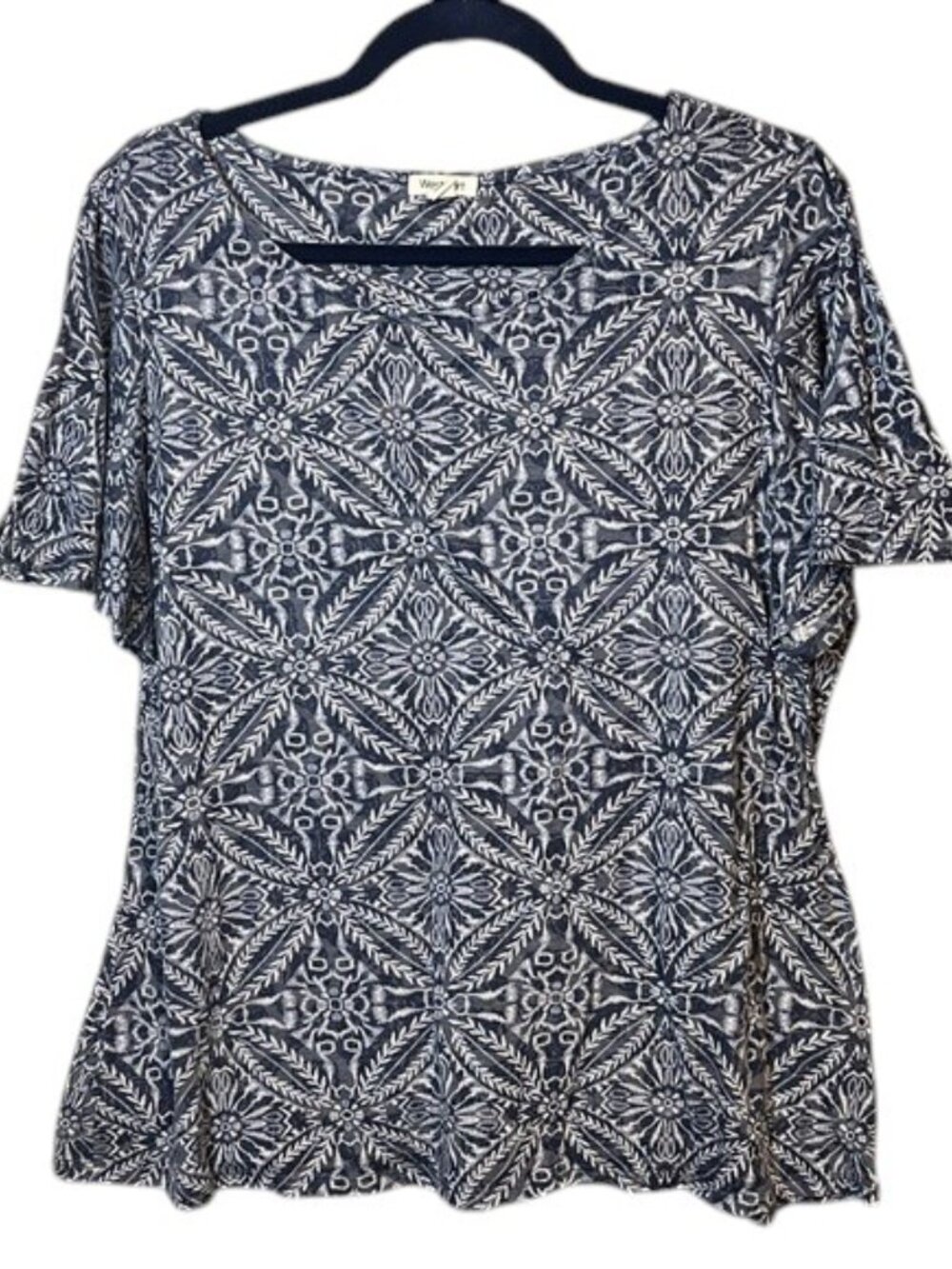 Westport Blue and White Patterned Short Flutter Sleeve Tee, Size 2X